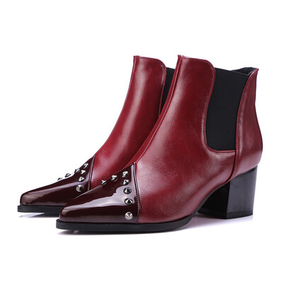 

IDIFU Womens Stylish Pointed Toe Rivets Studded Elastic Block Heel Ankle Boots
