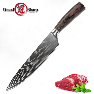 

Grandsharp 8 Inch Chef Kitchen Knife Laser Damascus Pattern Stainless Steel Knife Kitchen Cooking Tools with Credit Card Knife Gi