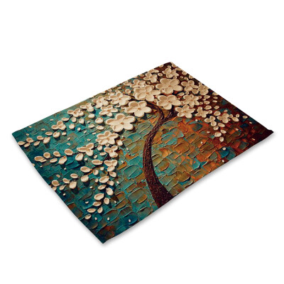 

Oil Painting Pattern Polyester Placemat Heat-resistant Stain-resistant Anti-slip Table Mat Bowl Coaster Dining Tableware Pad for D