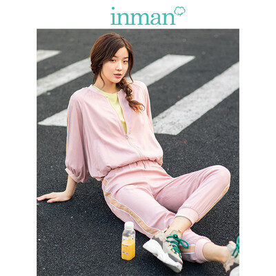 

INMAN 2019 spring new baseball collar casual jacket high waist slim loose beam foot sweatpants two-piece female 1891170554 meat pink