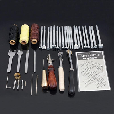

48pcs Leather Craft Handmade Tools Kit Stitching Stamping Punch Tools Wood Pressure Cloth Tooth Groover Awl Waxed Thread Needles K
