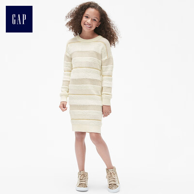 

GAP flagship store girls striped texture drop shoulder knit dress 397901 ivory white