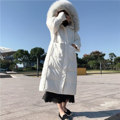 

2018 han edition winter clothing new fashion loose quilt type big hair collar is thickened too knee long style down jacket female
