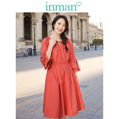 

INMAN 2019 spring new round neck retro art waist slimming holiday wind loose A word dress female 1891104542 orange red