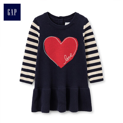 

GAP flagship store baby girl love striped decorative hem knit dress 399498 navy blue 18-24M