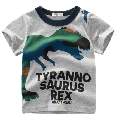 

Boy Short Sleeve Cotton T-Shirt Round Neck Tops Summer Kids Clothes Cartoon Dinosaur Camouflage Printing Shirt Tee Yellow 140