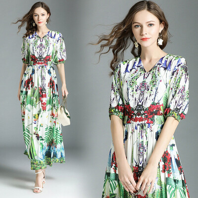 

DFYOP New Womens V Collar Printed High Waist European And American Fashion Pendant Dress
