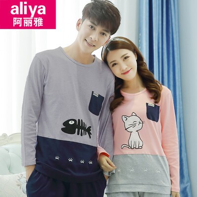 

Aria pyjamas female autumn cotton long-sleeved couple pajamas men autumn cotton student ladies home service female autumn suit ALY20022-6 female cat eating fish XXL