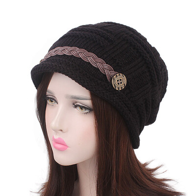 

Women Winter Knitted Braided Beanie Hats Cabled Checker Pattern Hat Beret Slouchy Button Leather Belt Cap