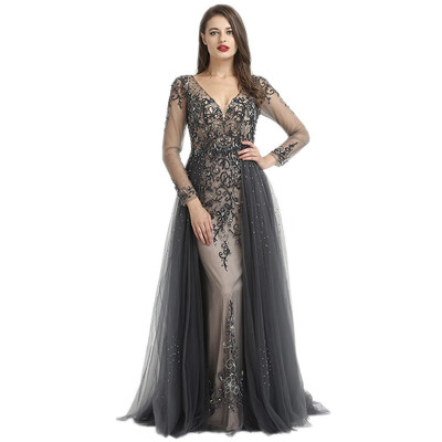 

Long Sleeve Sexy V-Neck New Evening Dress 2018 A-Line Fashion Diamond Beading With Train Evening Dress Real Photo