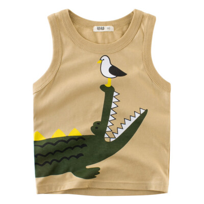 

Boy Sleeveless Cotton Tank Tops Round Neck Summer Kids Clothes Cute Cartoon Dinosaur Printing Vest Khaki 140