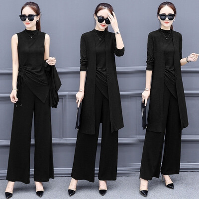 

2019 New Autumn Three Piece Set Of Fashionable Long Sleeved Ladies Wide Leg Trousers Suit Decorating Body Slim And Thin Temperame