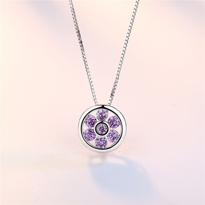 

Round Pendant Necklaces For Women Cubic Zirconia Fashion Jewelry Anniversary Gift White Purple Ladies Short Chain G13
