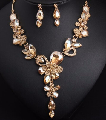 

new nice luxury fashion exaggerated crystal flashing diamond necklace earrings set dress party bride female accessories