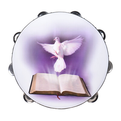 

10" Double Row Jingle Tambourine Handbell Clap Drum Percussion Instrument with Dove & Bible Pattern for Church