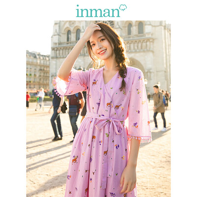 

INMAN 2019 spring new V-neck literary floral retro stripe waist slim loose A-line dress female 1891104283 pink XL