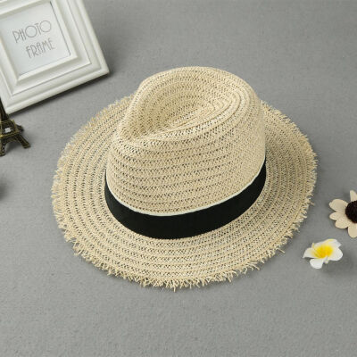 

New Fashion Women Straw Hat Ribbon Trim Wide Brim Summer Sun Beach Cap Panama Hat Beige