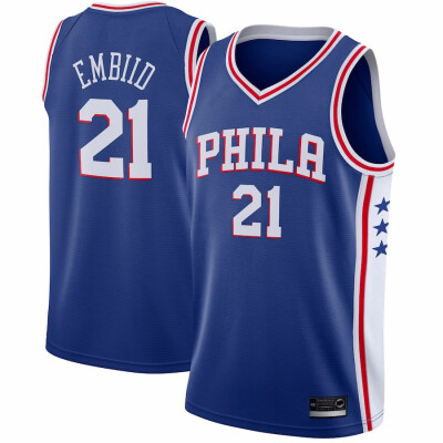

2019 New Mens Philadelphia 76ers 21 Joel Embiid Red White Gray Blue Basketball Jersey Size S-XXL
