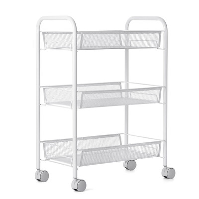 

Multifunctional 3-Tier Mesh Wire Rolling Cart Kitchen Bedroom Bathroom Living Storage Rack Organizer--White