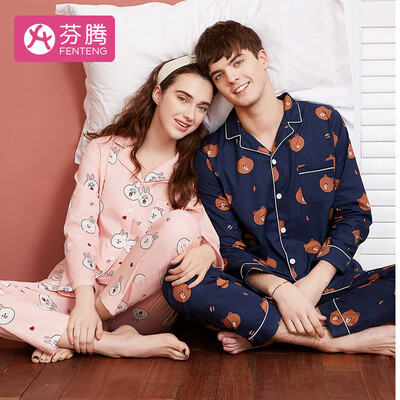 

Fen Teng 2019 spring&summer new products can be rabbits line friends Korean printing couple cotton long-sleeved home service ladies pajamas I980A11846 pink L