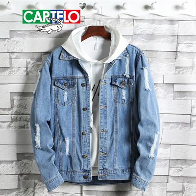 

Cartier crocodile CARTELO denim jacket men 2019 spring new Korean version of the irregular hole youth loose denim jacket male 01 light blue L