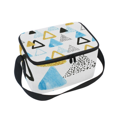 

ALAZA Lunch Box Insulated Lunch Bag Large Cooler Blue Black And Golden Triangles Tote Bag