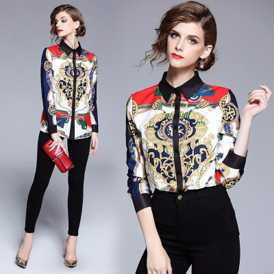 

L XL XXL vintage new spring 2019 women blouse shirt long sleeve white red digital print office top lady