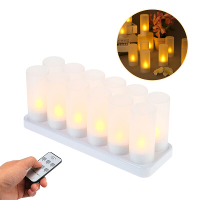 

Set of 12 Rechargeable LED Yellow Flickering Flameless Tealight Candles Lights with Remote Control Frosted Cups Charging Base for