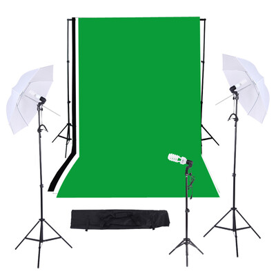

PhotographyVideo Studio Triple Lighting Kit with 10ft 12ft Black White Green Muslins Backdrops Background Support System with C