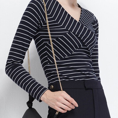 

CANVAUS 2018 Spring New Modal V-Neck Slim Striped Long Sleeve T Shirt Women T-Shrits FS92A