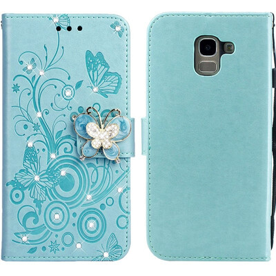 

MOONCASE Samsung Galaxy J6 Butterfly Rhinestone Embossed Leather Case - Green