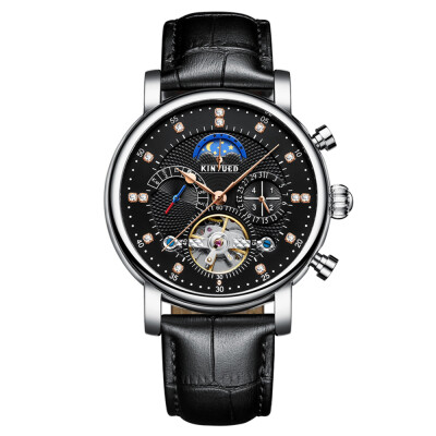 

KINYUED Luxury 3ATM Water-Proof Automatic Mechanical Watch Genuine Leather Skeleton Man Business Wristwatch ChronoMoon PhaseWeek