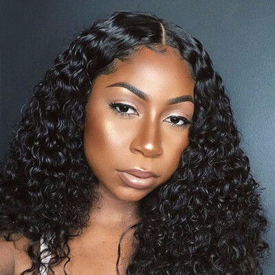 

Brazilian Virgin Hair Curly Lace Front Wig Middle Part 180 Density Natural Color Glueless Lace Frontal Wig With Baby Hair Plucked