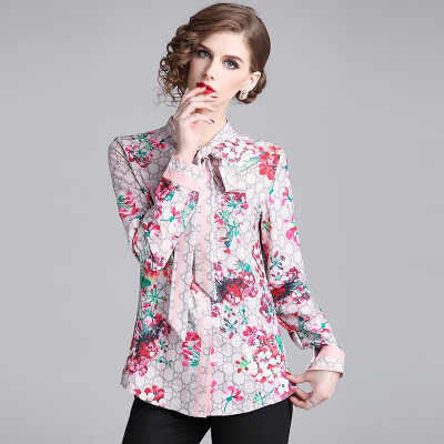 

L XL XXL elegant new autumn 2018 women blouse shirt long sleeve red flower print office top bow lady