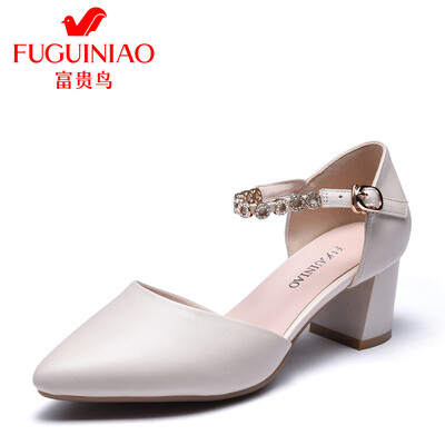 

Fugui bird FUGUINIAO womens single shoes wild thick with pearl buckle with sweet pointed shallow mouth K99D533C beige 35