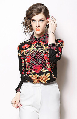 

M L XL vintage new autumn 2018 women blouse shirt long sleeve black red gold digital flower print elegant office top lady