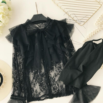 

elegant flare sleeve mesh shirts two piece set shirt