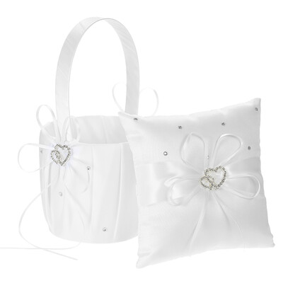 

6 6 inches Double Heart Satin Ring Bearer Pillow&Wedding Flower Girl Basket Set with Rhinestone Ribbon Decoration Red