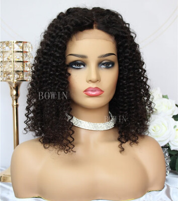 

BOWIN Kinky Curly Closure Wig Peruvian Virgin Human Hair Wigs Curly BOB with Pre-plucked Hairline Natural Color
