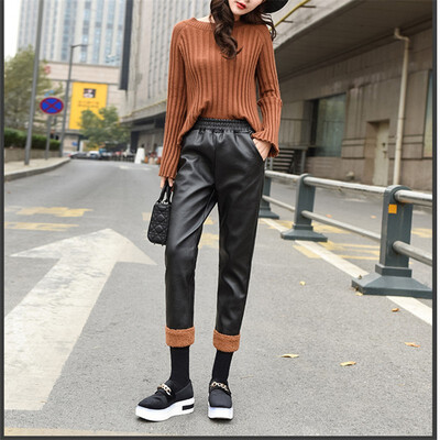 

For autumnwinter 2018 pair of lamb suede pants with loose thin&thick casual pu leather harem pants