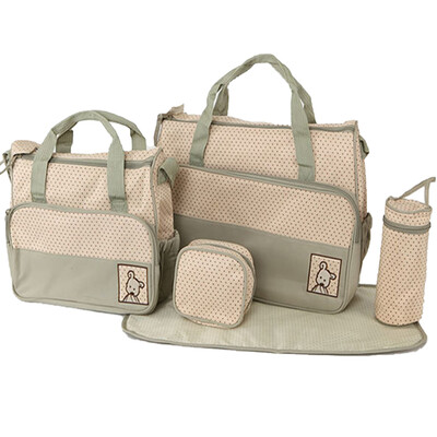 

Diaper Tote Bag 5 pcs Nappy Bag Set Water-proof Large Capacity Travel Handbag Shoulder Bag Include Changing Pad Fashion Dotted Uni