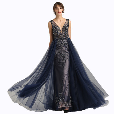 

Hard Beading Navy Blue With Train Evening Dress Long Diamond Crystal Tulle Formal Evening Dress 2018