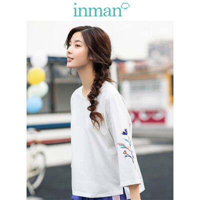 

INMAN 2019 spring new round neck literary embroidery split fork casual loose nine-point sleeve T-shirt female 1891021139 white M
