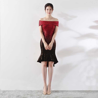 

Short Front Long Back Mermaid Evening Dress Fashion Boat Neck Gradient Color Sequin Long Party Dinner Evening Dress