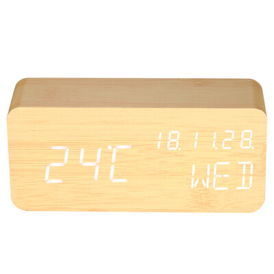

Wooden LED Digital Sound Control Alarm Clock USBBattery Powered Dimmer Thermometer Clock with 3 Alarms Weekday Alarm--Black Shell