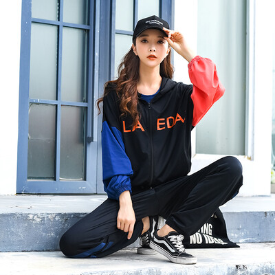 

Colorful 2019 new hit color hooded womens sportswear suit loose thin yoga clothes running long-sleeved pants suit black L