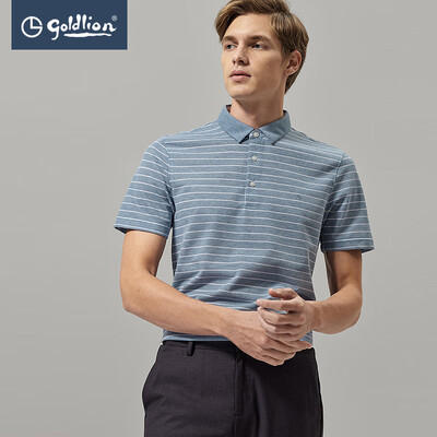 

Goldlion Goldlion 2019 Summer New Mens Cotton Blend Micro-elastic Comfort Stripe Lapel Short Sleeve T-Shirt Sky Blue S