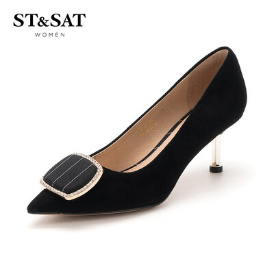 

Saturday ST&SAT suede sheep leather fashion shallow mouth elegant square buckle high-heeled shoes SS91111001 black 34