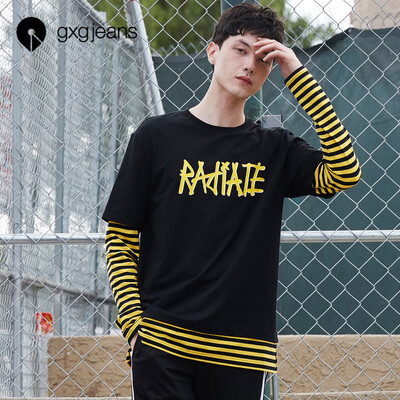 

Gxgjeans mens spring black round neck cotton long-sleeved T-shirt male stitching print stripes Korean version of the tide black M