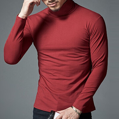 

Mens Long-Sleeved Tops Slim Trendy Simple Shirts Warm High Collar Bottoming T-Shirts